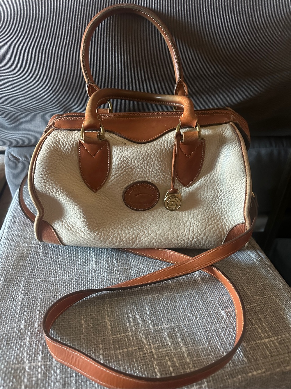 Dooney & Bourke Cream and Tan Leather Satchel with Crossbody Strap